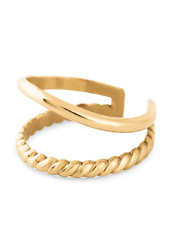 Gold bracelet with a braided design on a white background