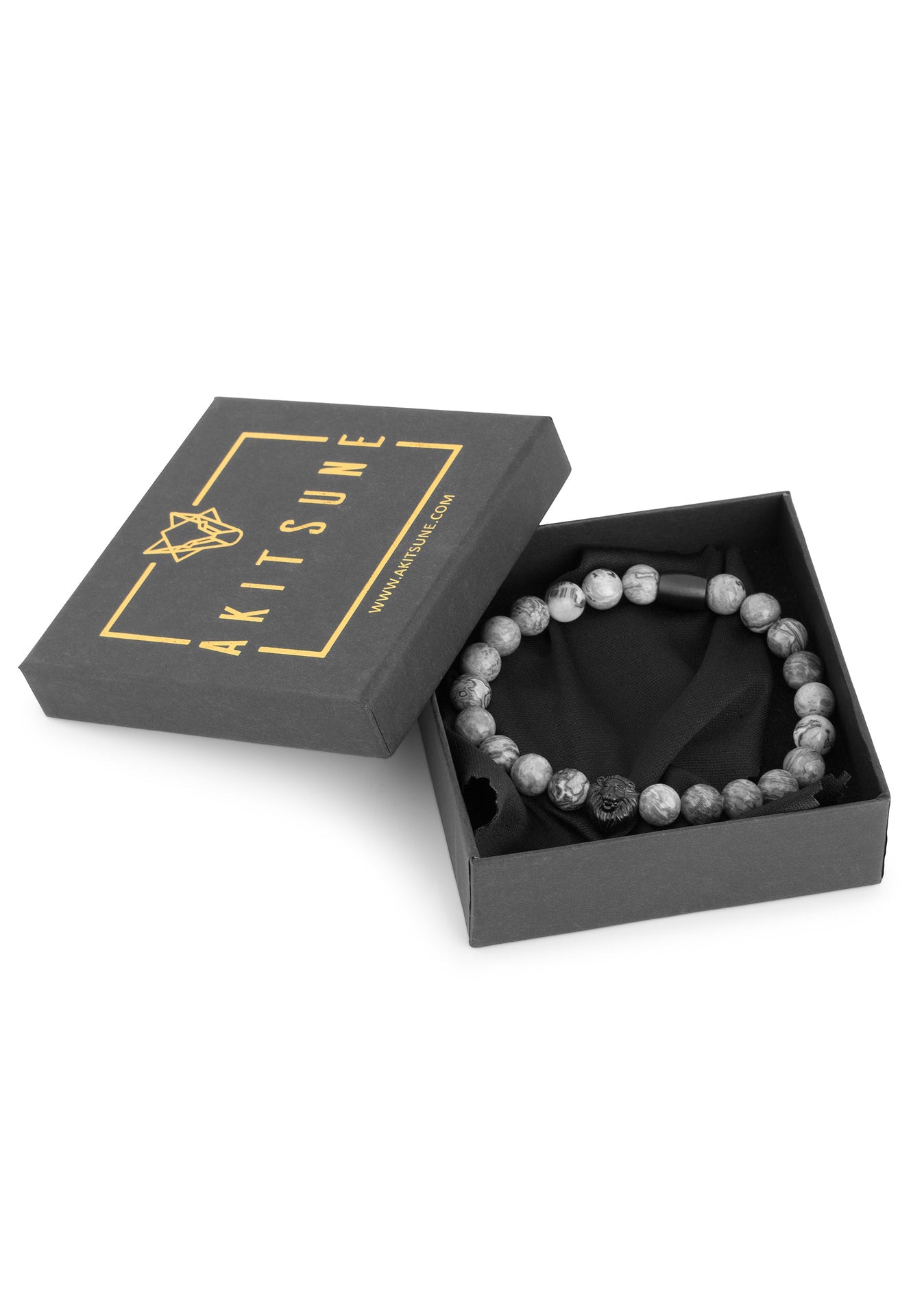 Akitsune-Regis-Beaded-Bracelet-Mens-Beads-Lion-Map-Stone-Grey-Packaging