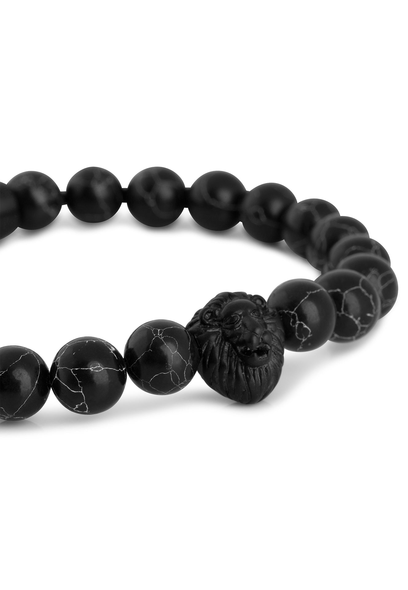 Akitsune-Regis-Beaded-Bracelet-Mens-Beads-Lion-Matte-Black-Marble-Detail-Head