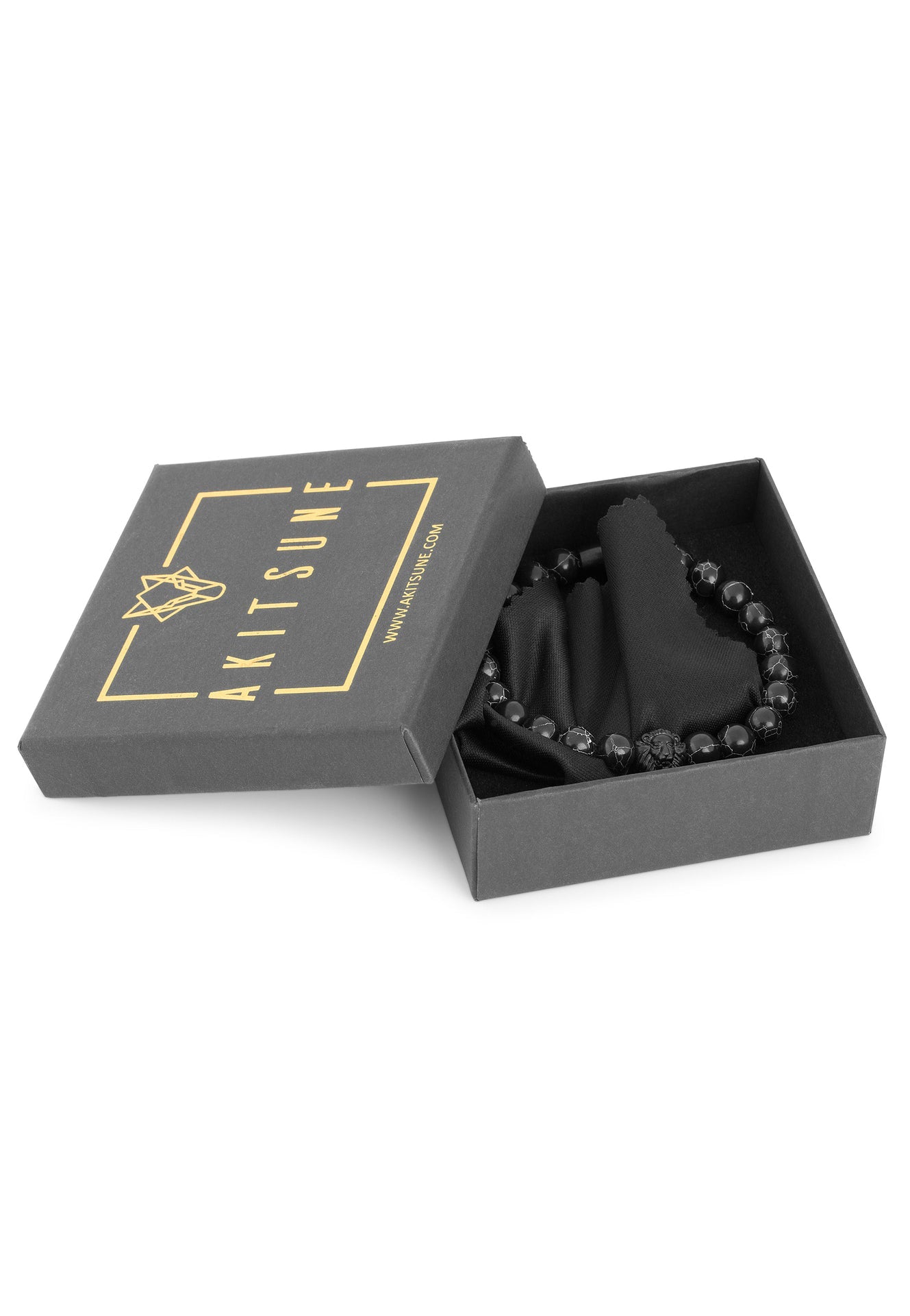 Akitsune-Regis-Beaded-Bracelet-Mens-Beads-Lion-Matte-Black-Marble-Packaging