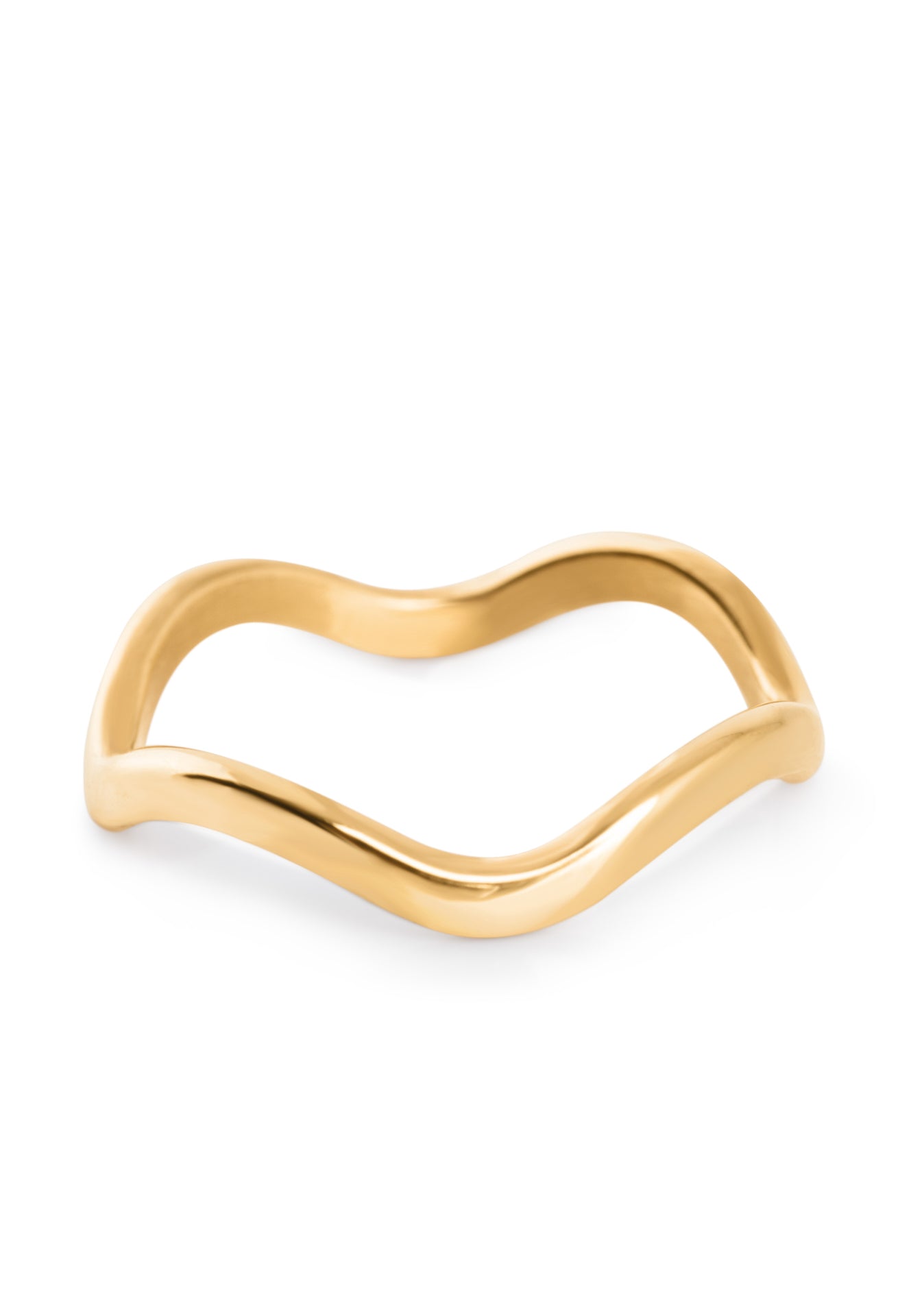 Gold ring with a wavy design on a white background