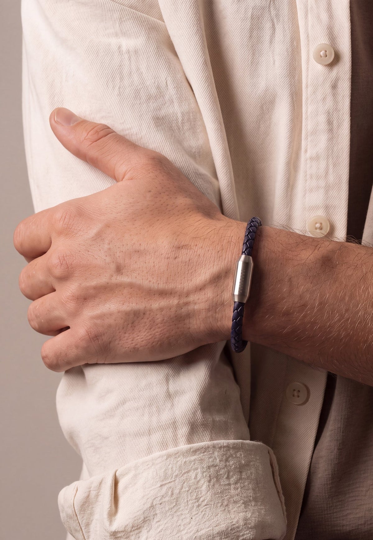 Akitsune silver tone Leather Bracelet silver tone navy blue, worn by a model