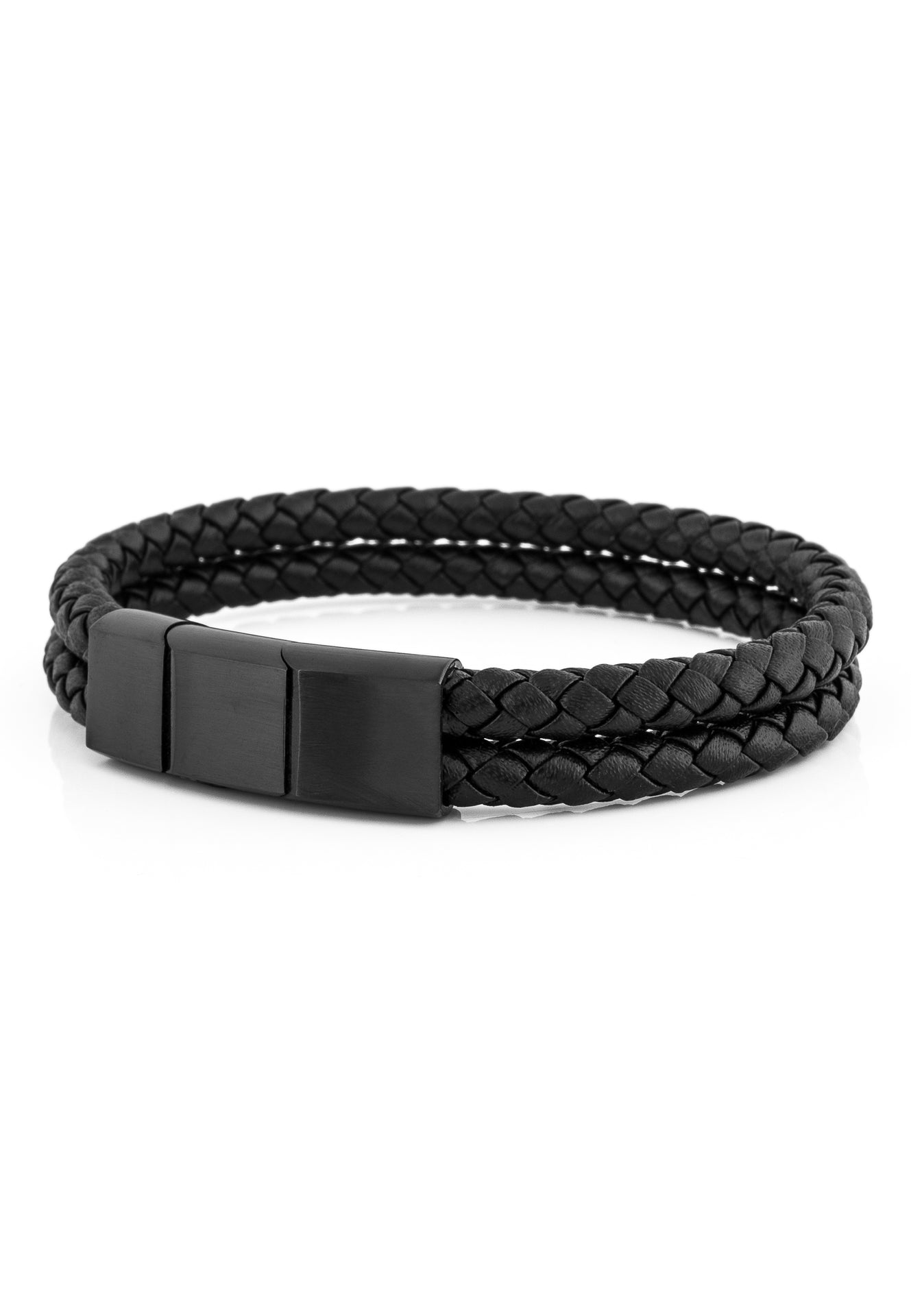 Black braided bracelet with a black clasp on a white background