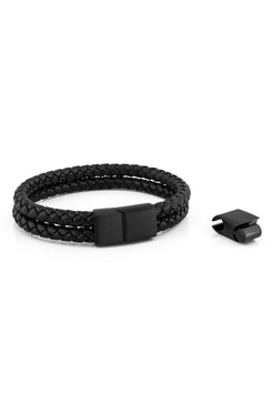 Black braided bracelet with a black clasp on a white background
