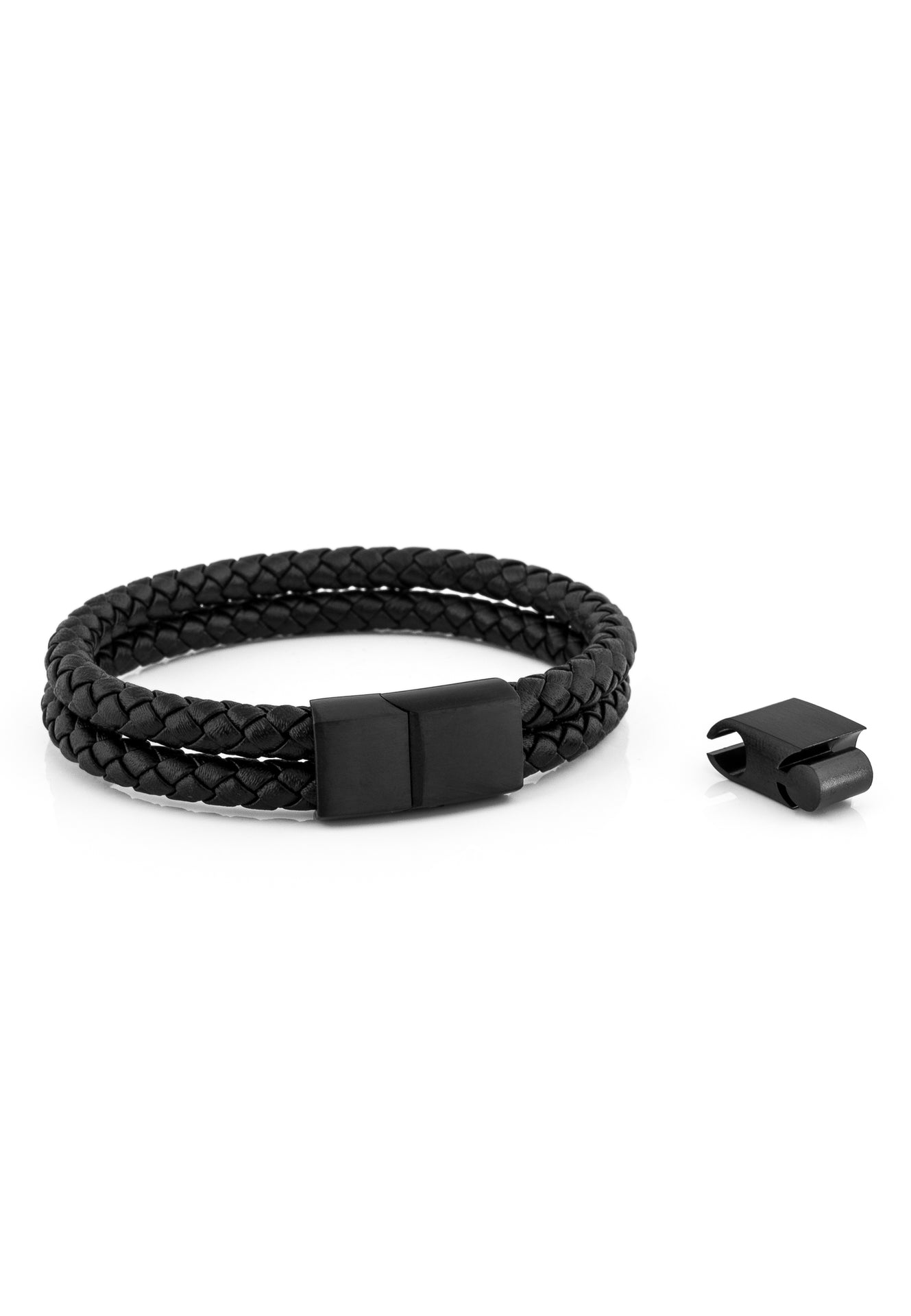 Black braided bracelet with a black clasp on a white background