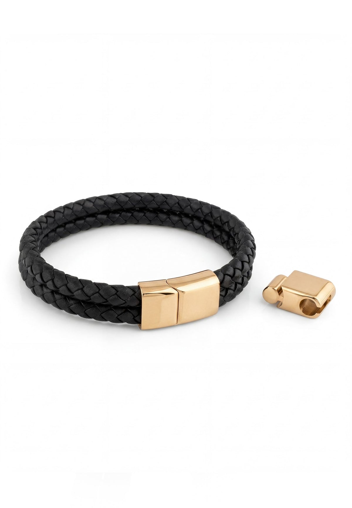 Akitsune Simplicitas gold and black leather bracelet with logo detail, featuring a minimalist handcrafted design, premium black leather strap, and refined gold-tone hardware.