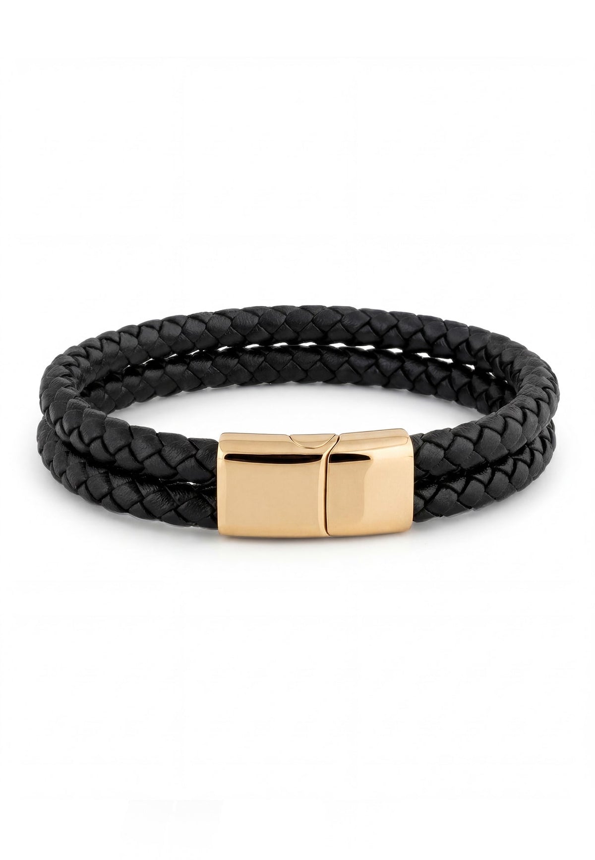 Black braided leather bracelet with a gold clasp on a white background