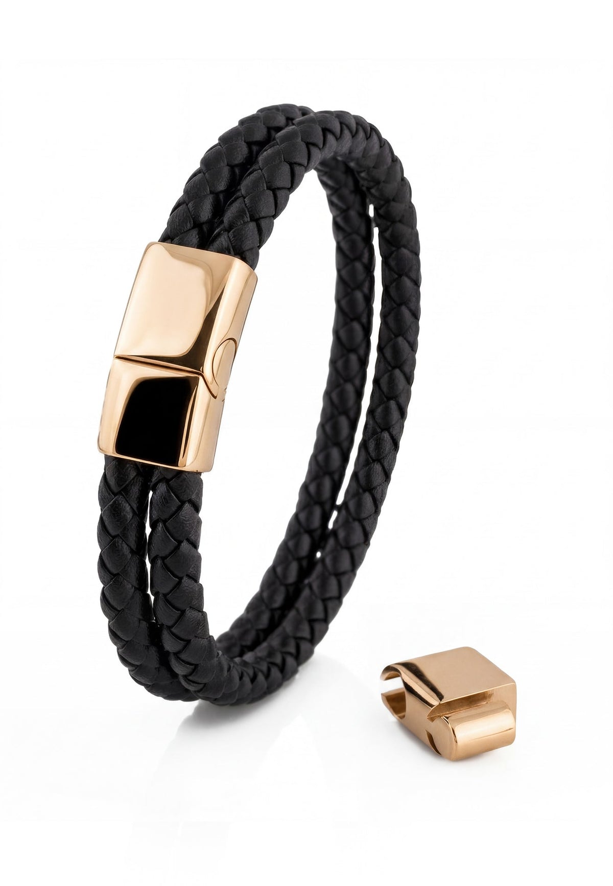 Black braided leather bracelet with rose gold clasp on a white background