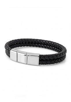 Black braided leather bracelet with a silver clasp on a white background