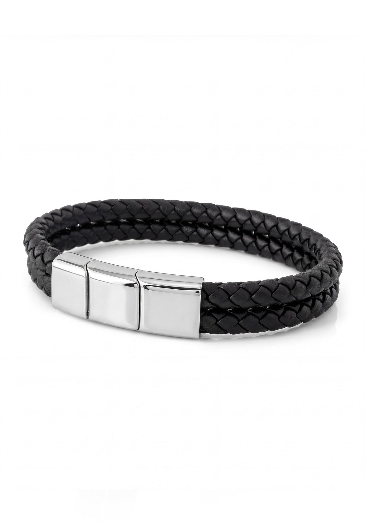 Black braided leather bracelet with a silver clasp on a white background