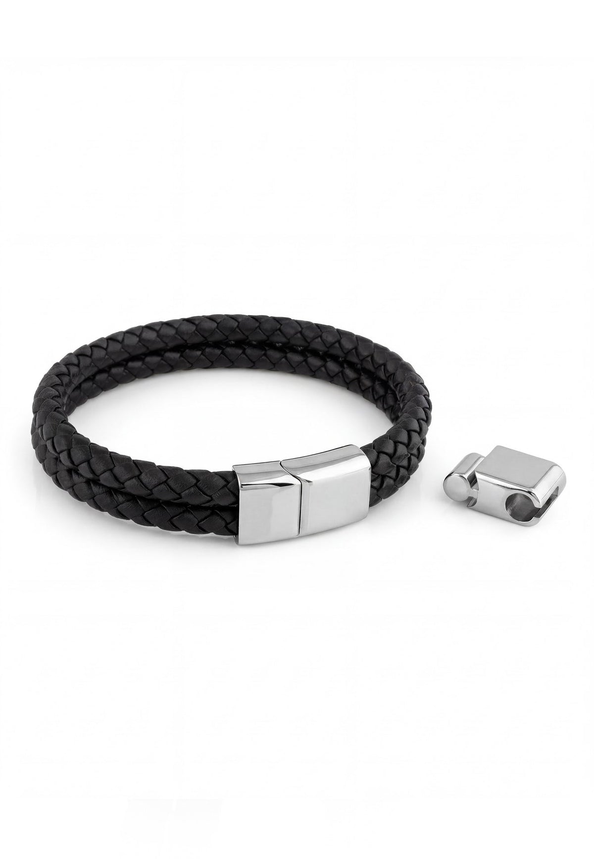 Akitsune Simplicitas leather bracelet in silver and black, minimalist handcrafted wrist accessory with a premium black leather strap and polished silver-tone metal accents.