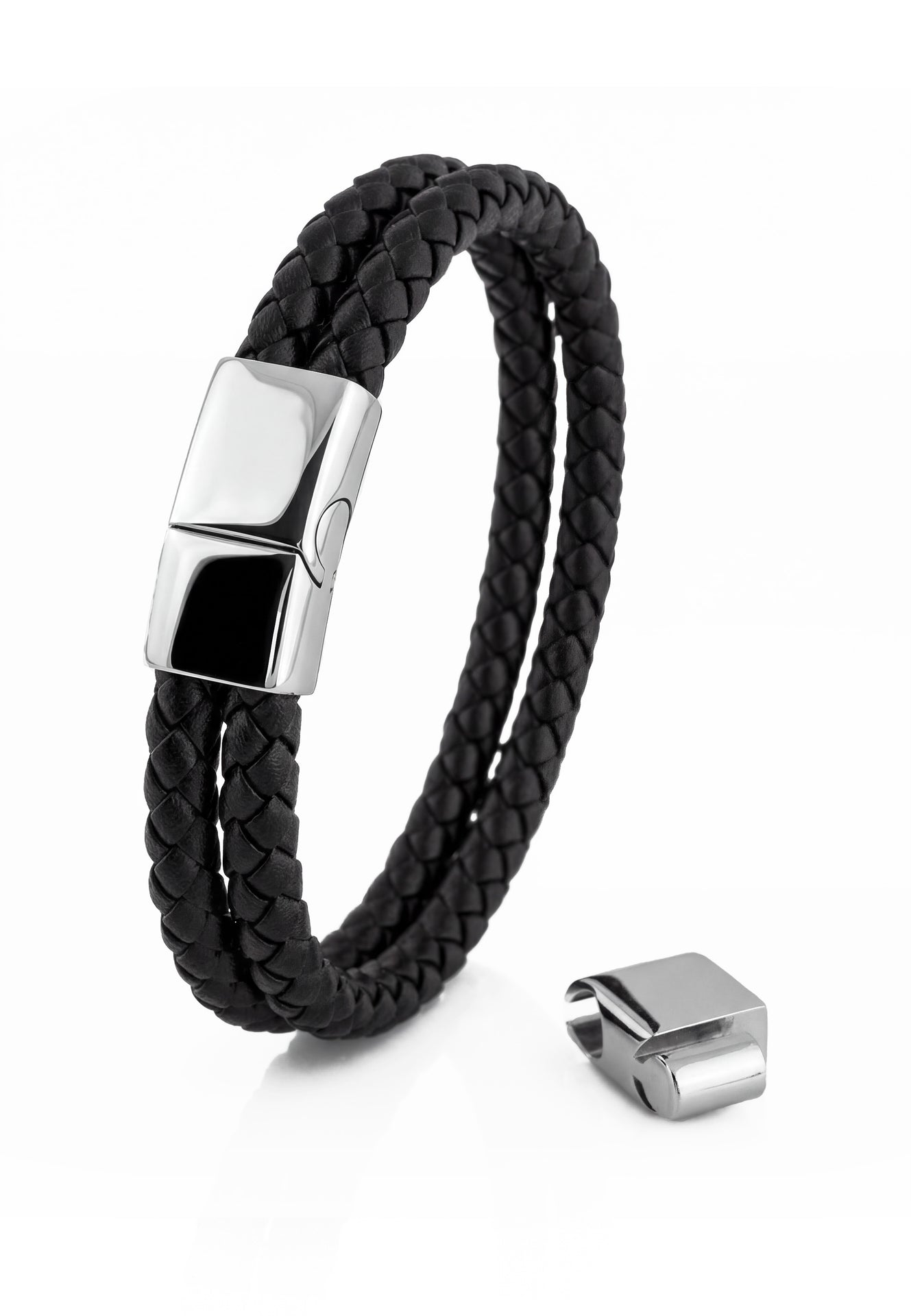 Black braided leather bracelet with silver clasp on a white background