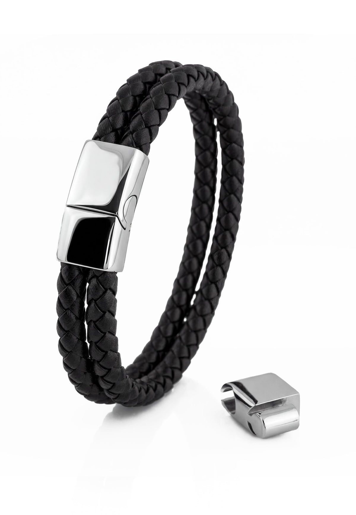 Black braided leather bracelet with silver clasp on a white background