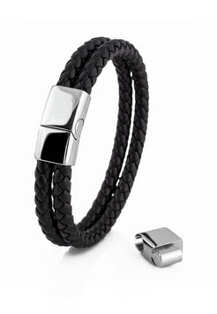 Black braided leather bracelet with silver clasp on a white background