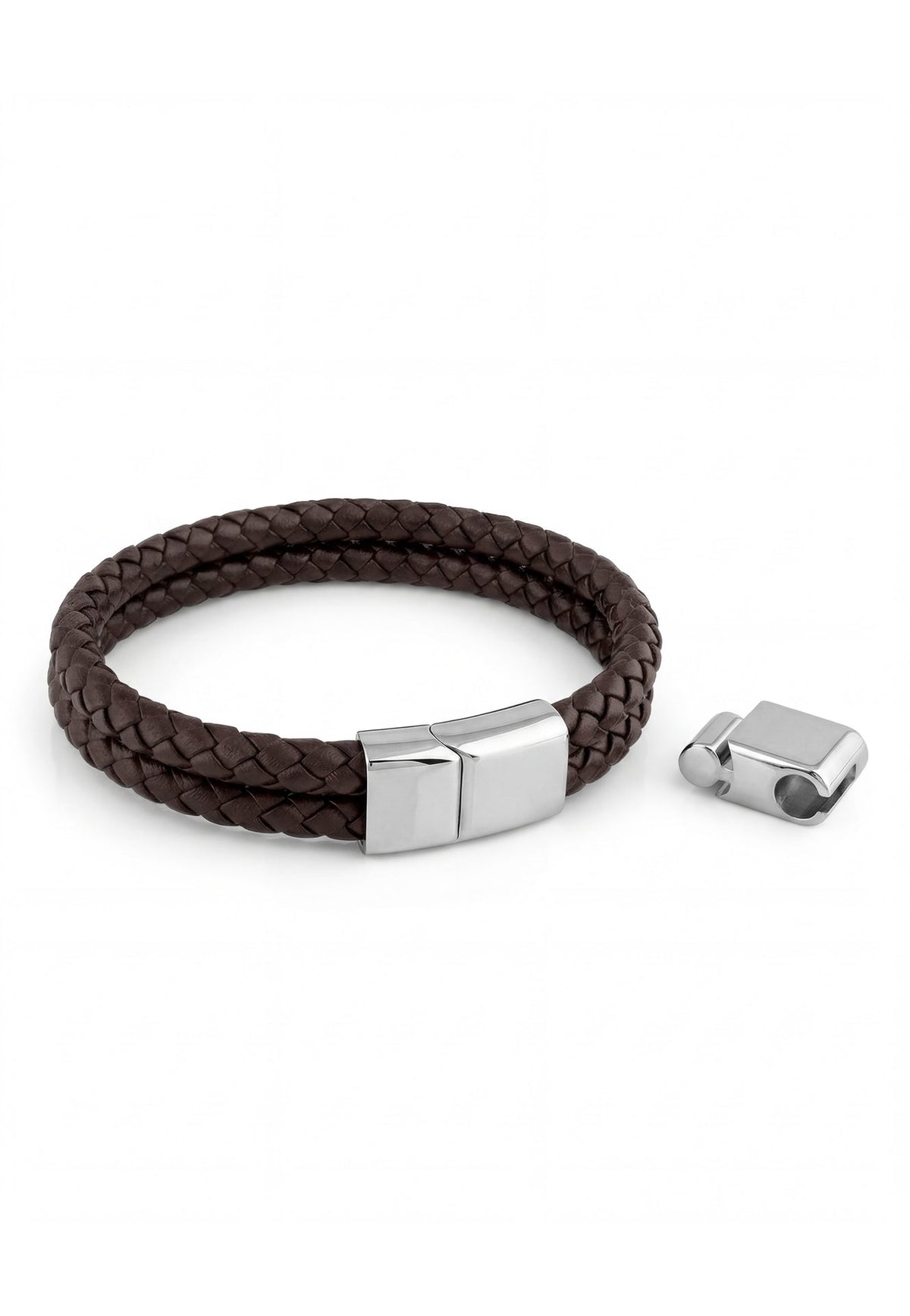 Akitsune Simplicitas silver and brown leather bracelet close-up, elegant minimalist design with premium leather band and polished metal details.