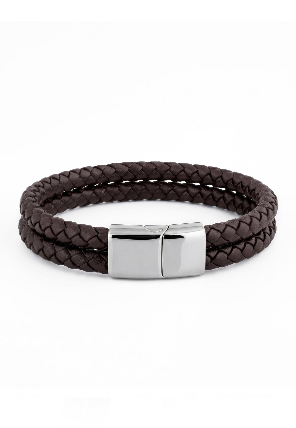 Brown braided leather bracelet with a silver clasp on a white background