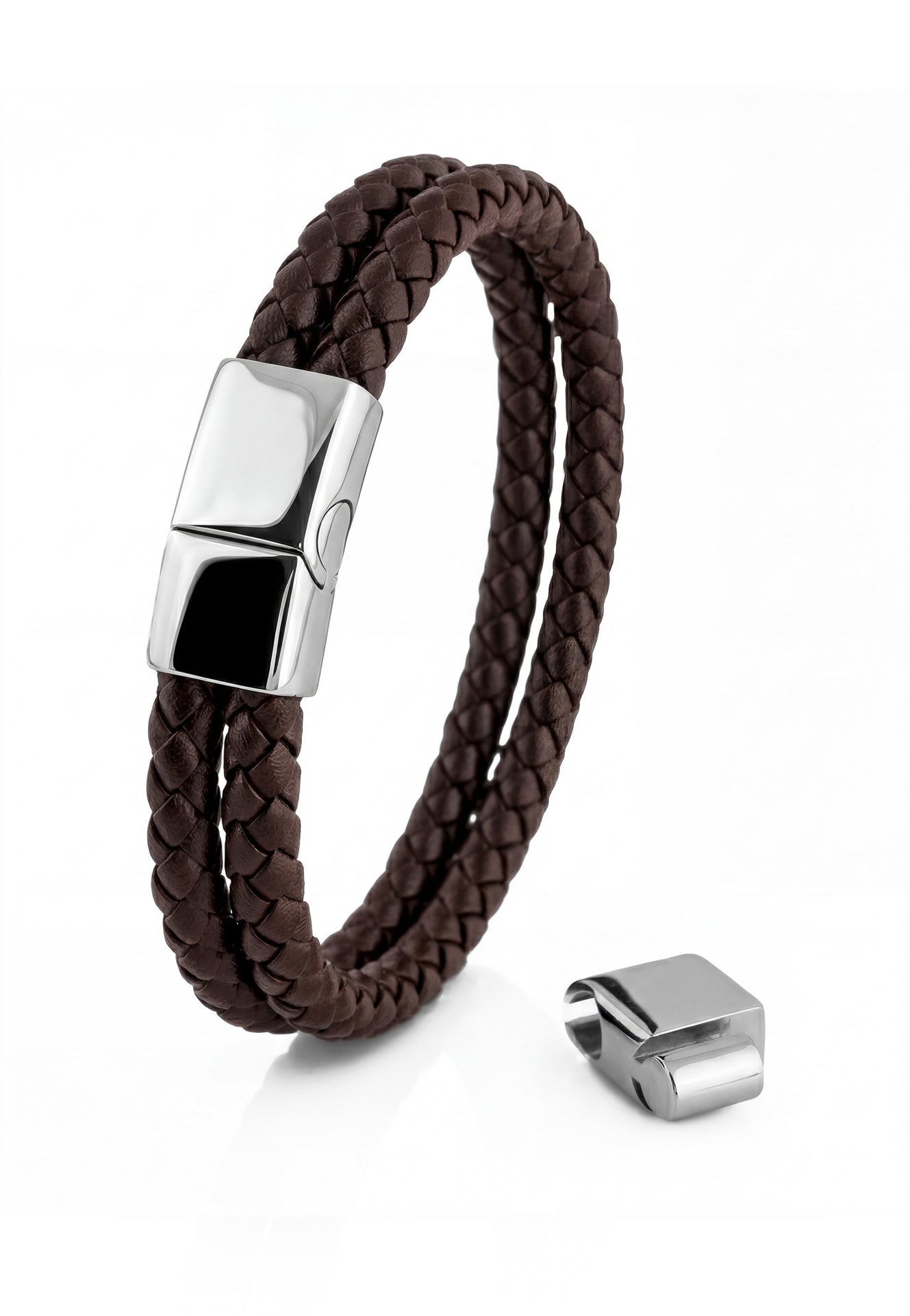 Akitsune Simplicitas leather bracelet in silver and brown, handcrafted minimalist accessory featuring a premium leather strap and sleek metal hardware.