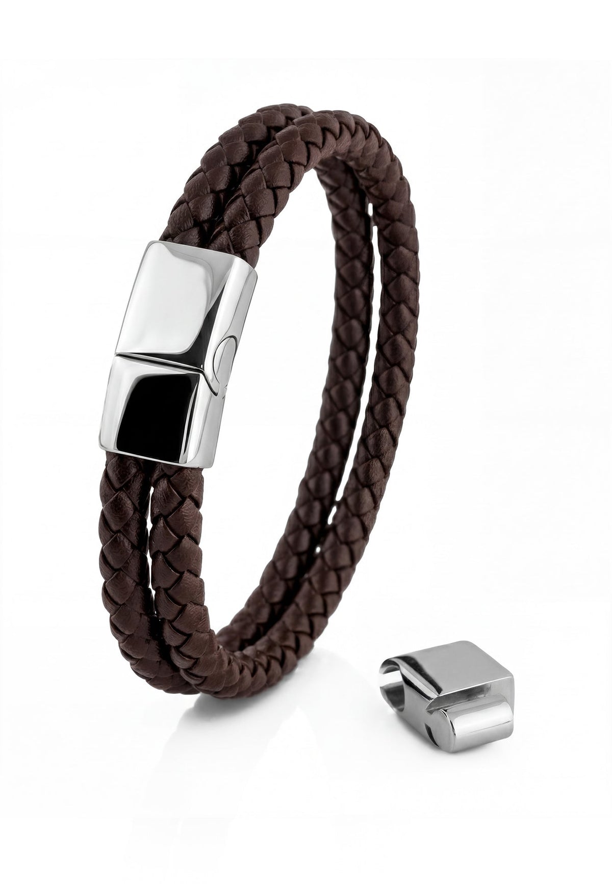 Akitsune Simplicitas leather bracelet in silver and brown, handcrafted minimalist accessory featuring a premium leather strap and sleek metal hardware.