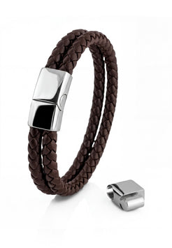 Akitsune Simplicitas leather bracelet in silver and brown, handcrafted minimalist accessory featuring a premium leather strap and sleek metal hardware.