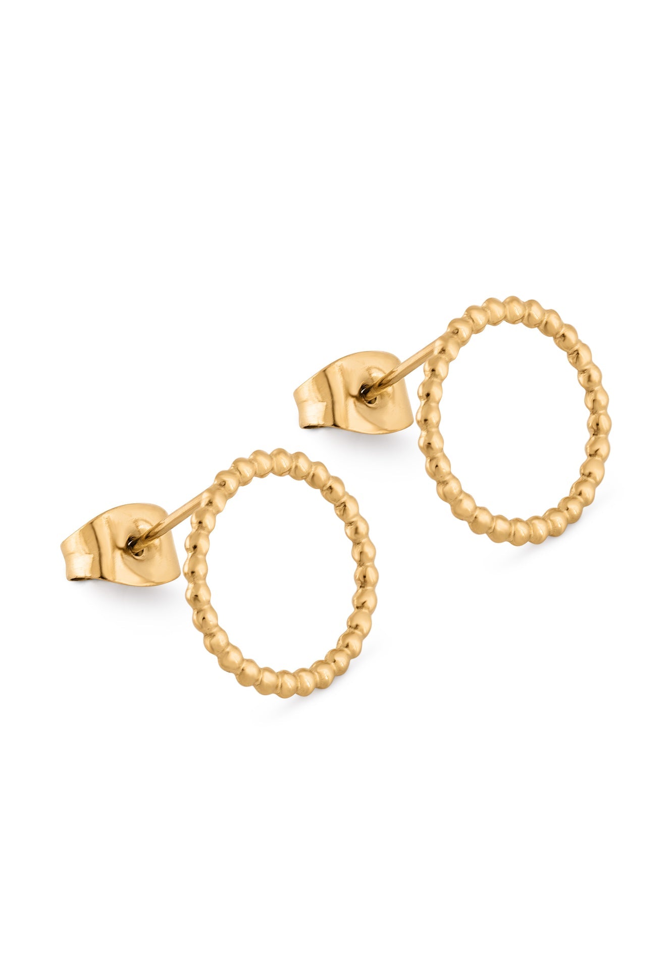 Gold hoop earrings with beaded detailing on a white background
