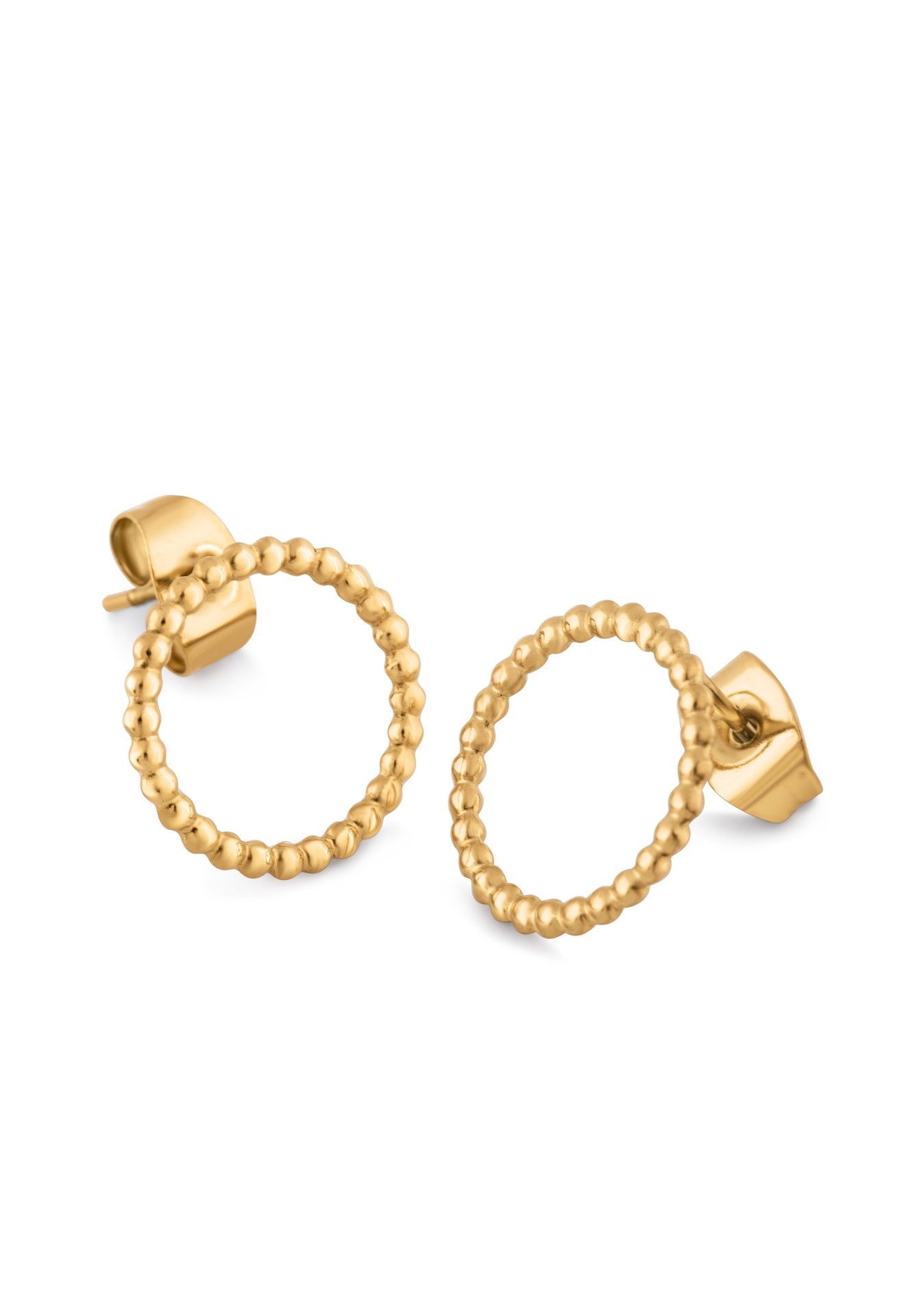Gold hoop earrings with beaded design on a white background
