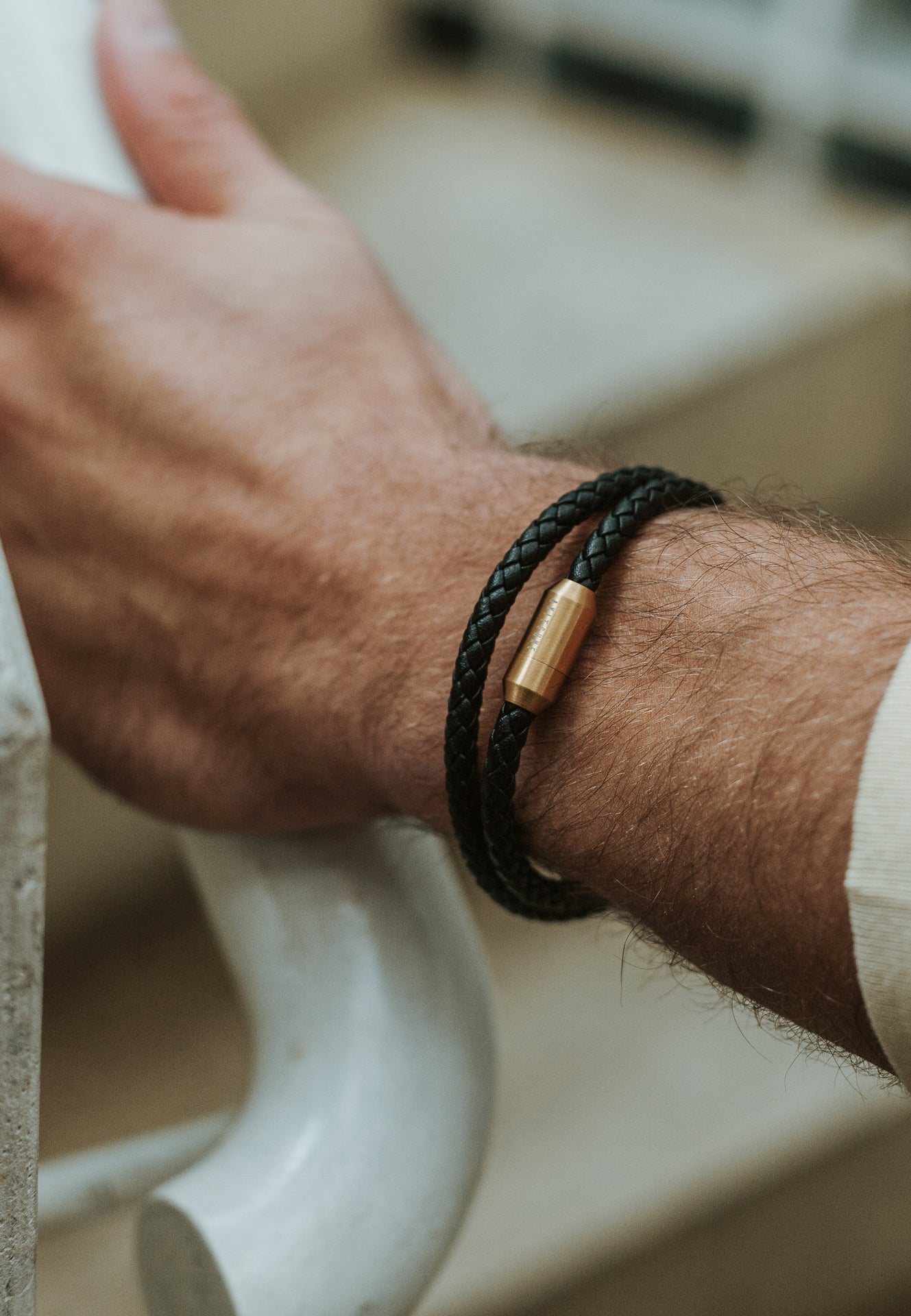 Akitsune-Suprema-Leather-Bracelet-Gold-Black-Model-2