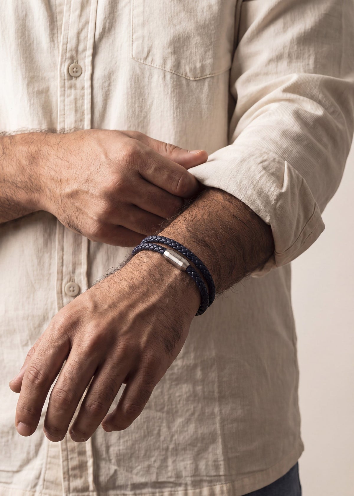 Akitsune Suprema Leather Bracelet silver tone navy blue, worn by a model