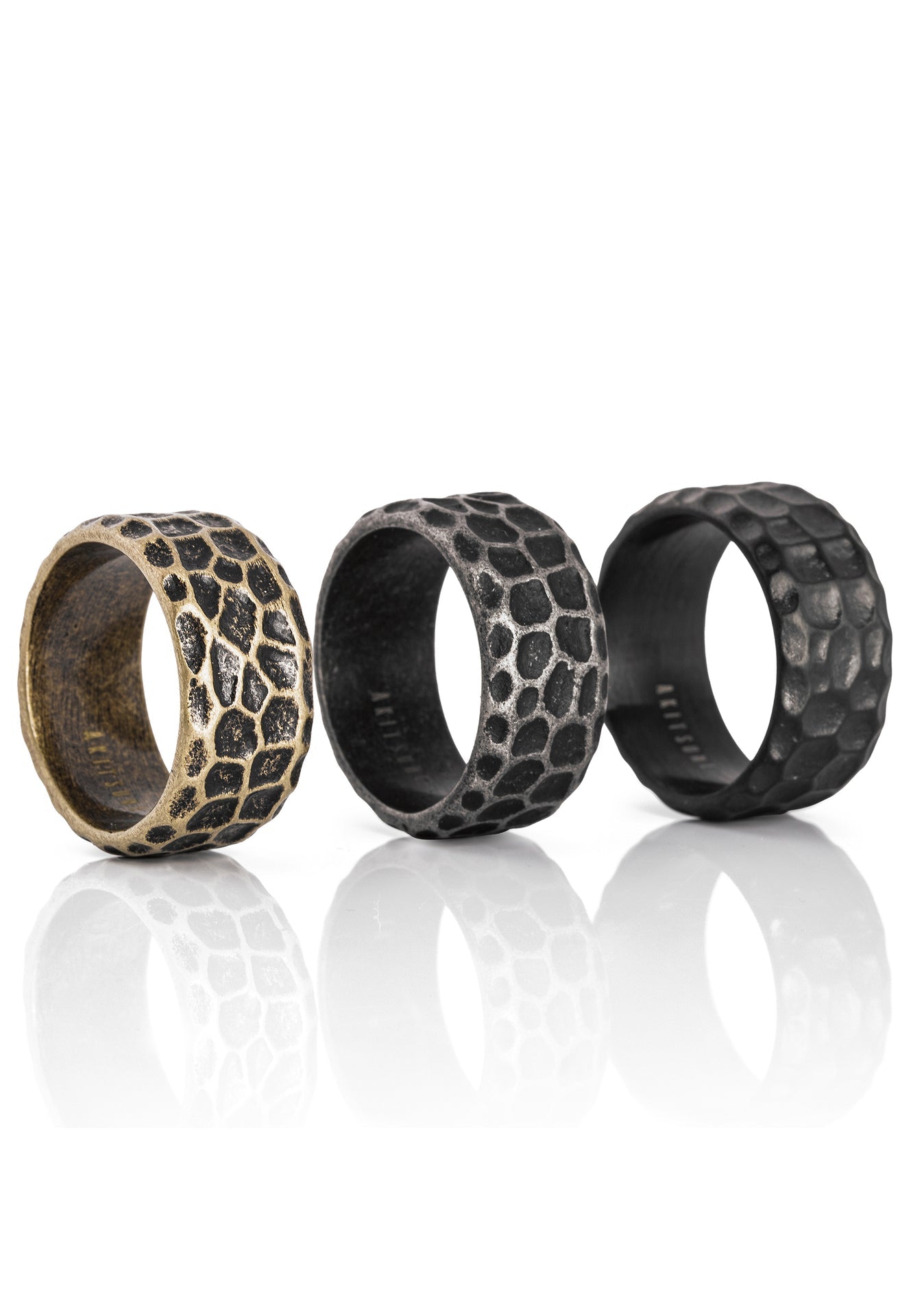 Akitsune-Terra-Ring-Matte-Black-Silver-Brass-Band-Hammered-Mens-Collection