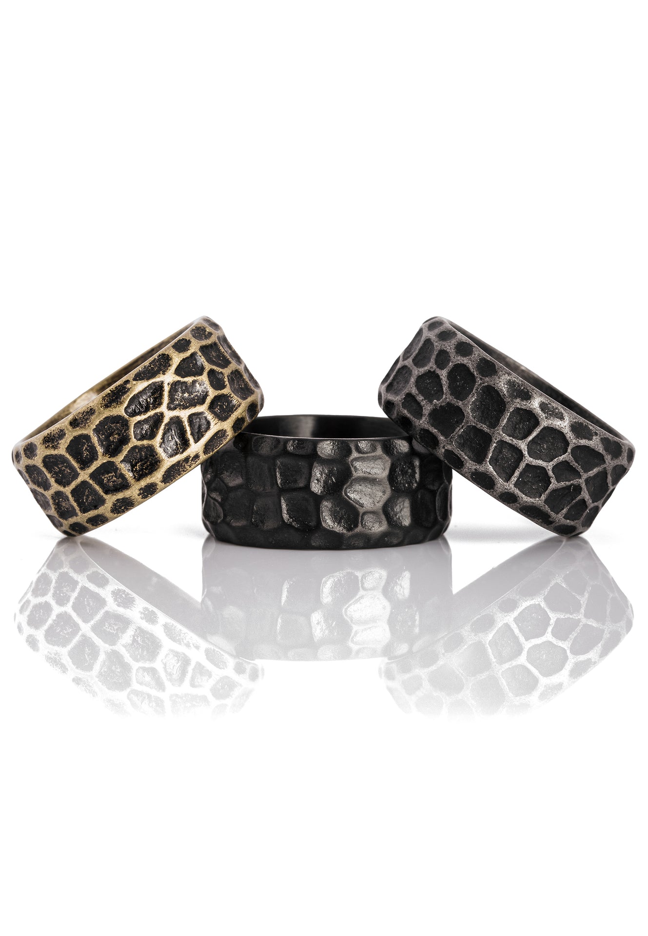 Akitsune-Terra-Ring-Matte-Black-Silver-Brass-Band-Hammered-Mens-Flat-Collection