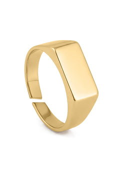 Gold ring with geometric design on a white background