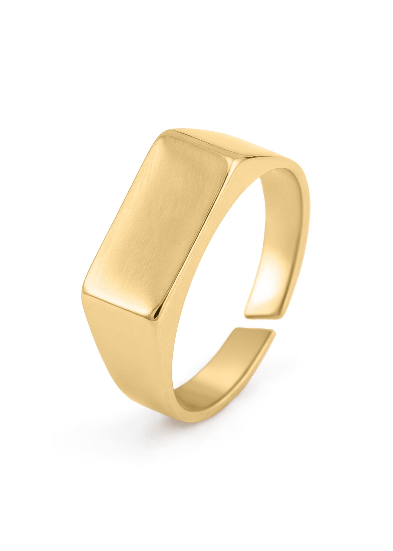 Gold ring with a rectangular design on a white background