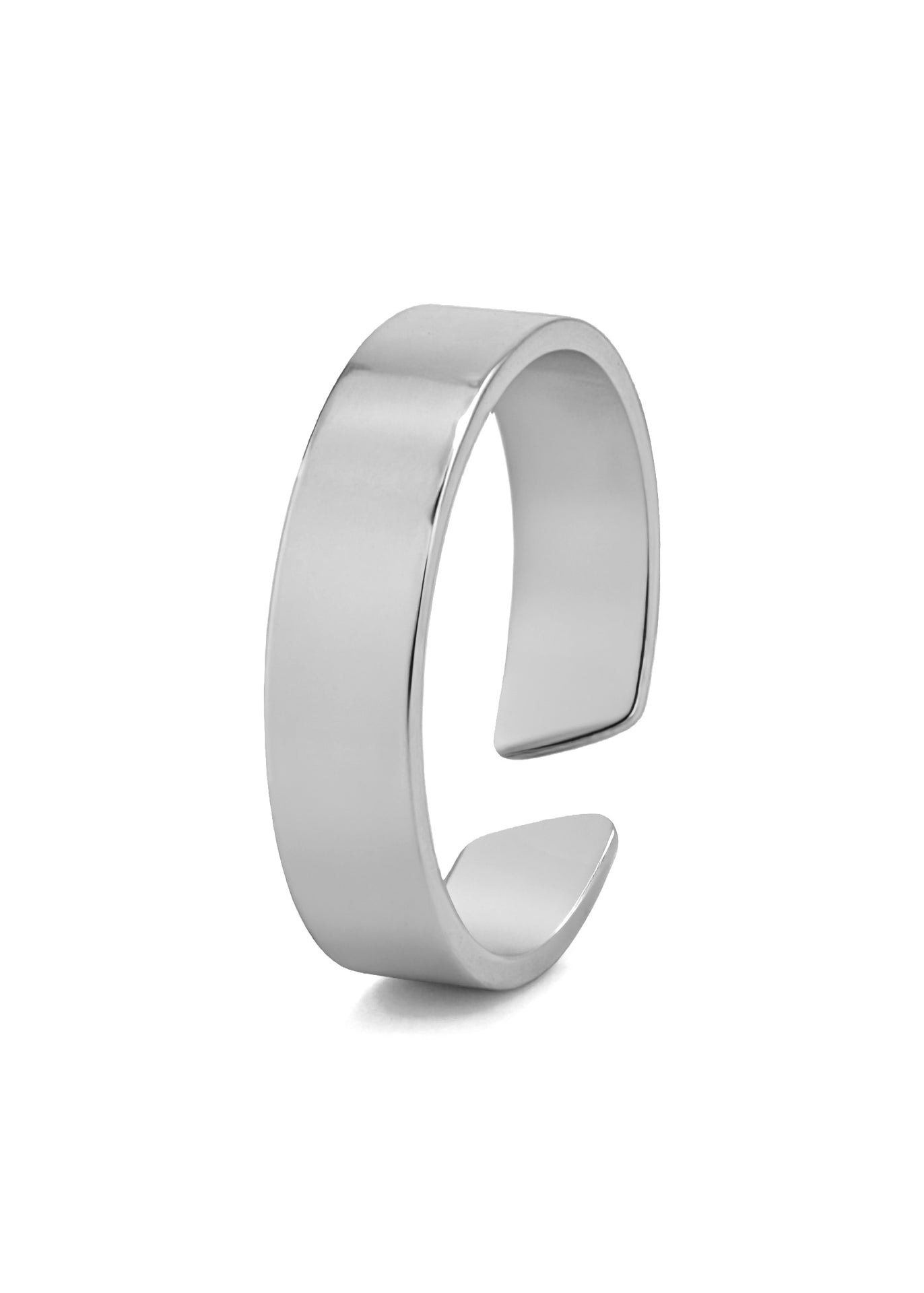 Silver open cuff bracelet on a white background
