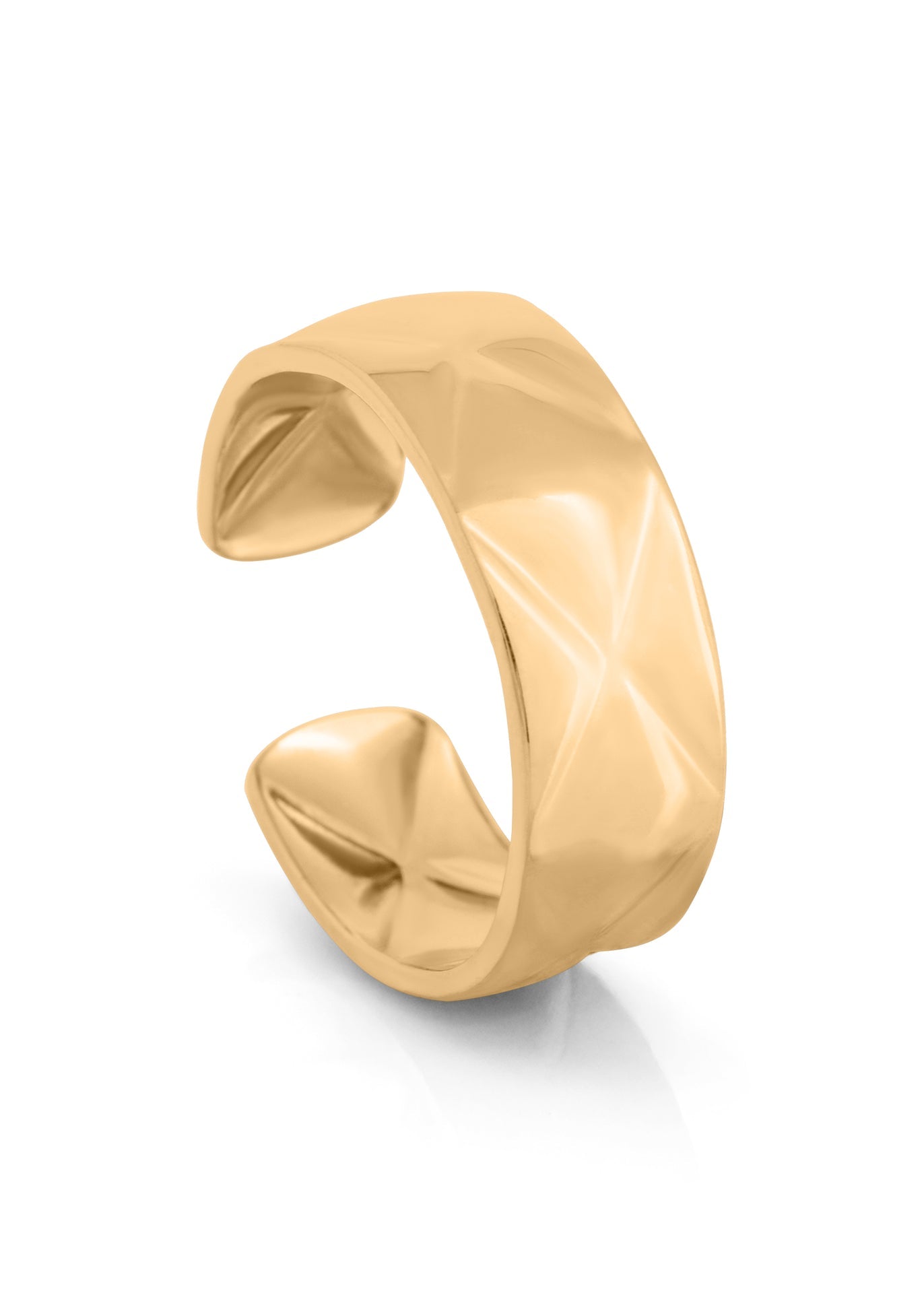Gold open cuff bracelet on a white background