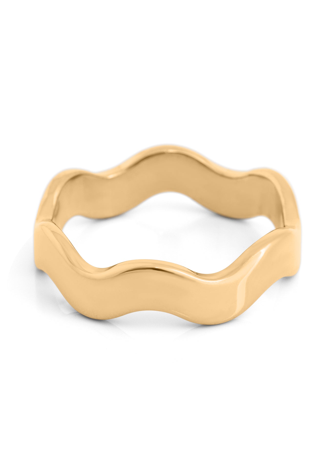 Gold ring with wavy design on a white background