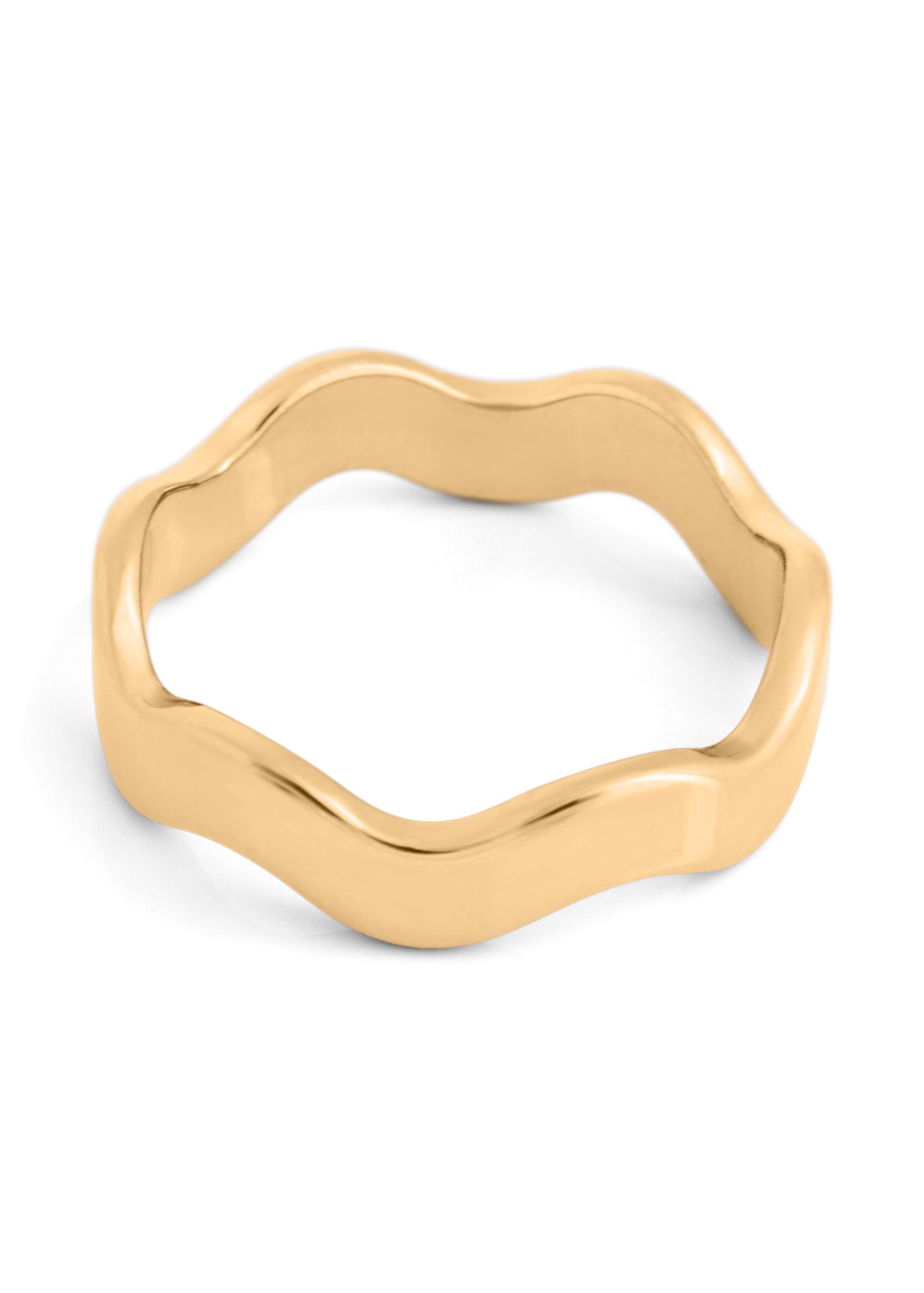 Gold ring with a wavy design on a white background