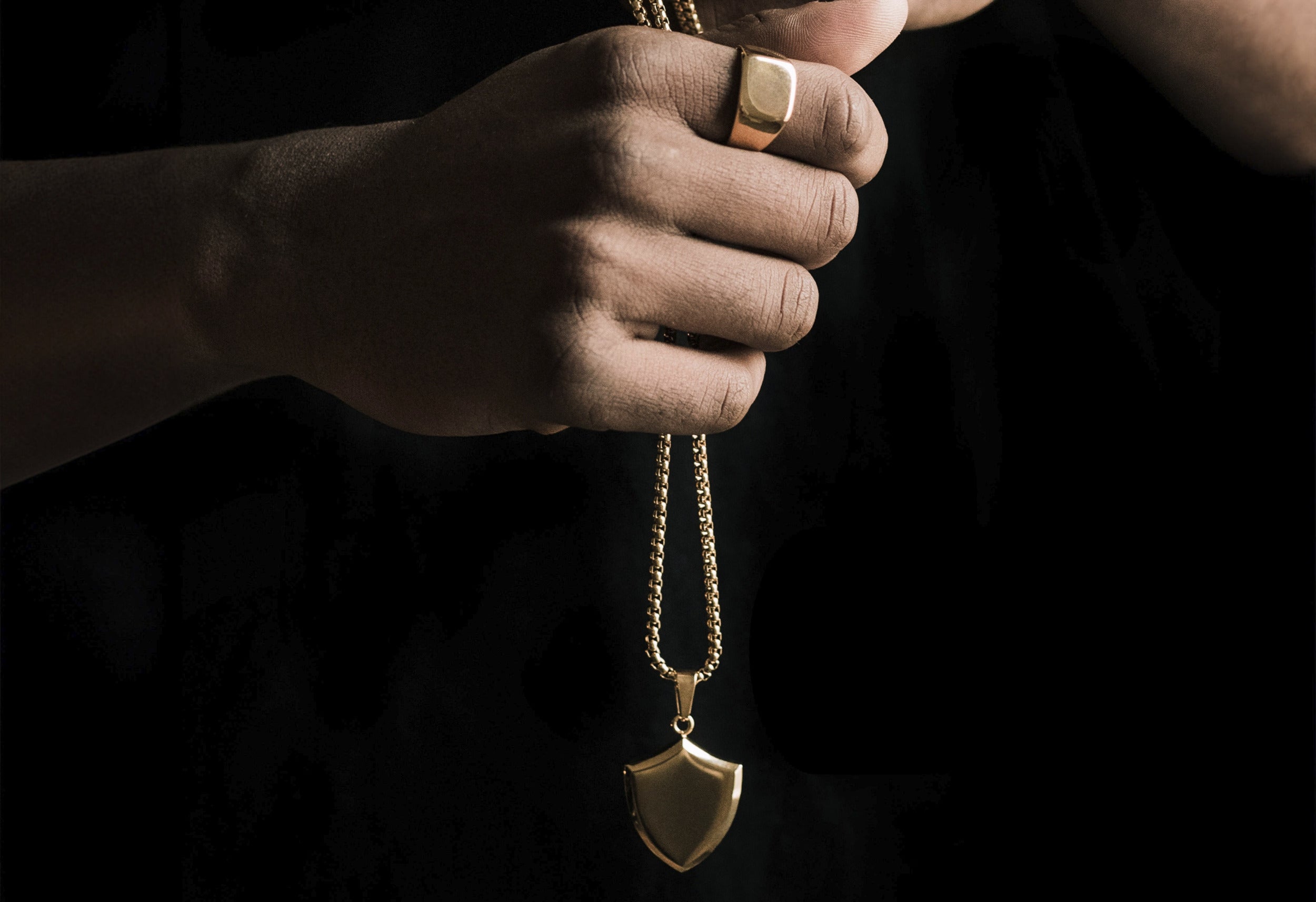 Hand holding a gold necklace with a shield pendant against a dark background