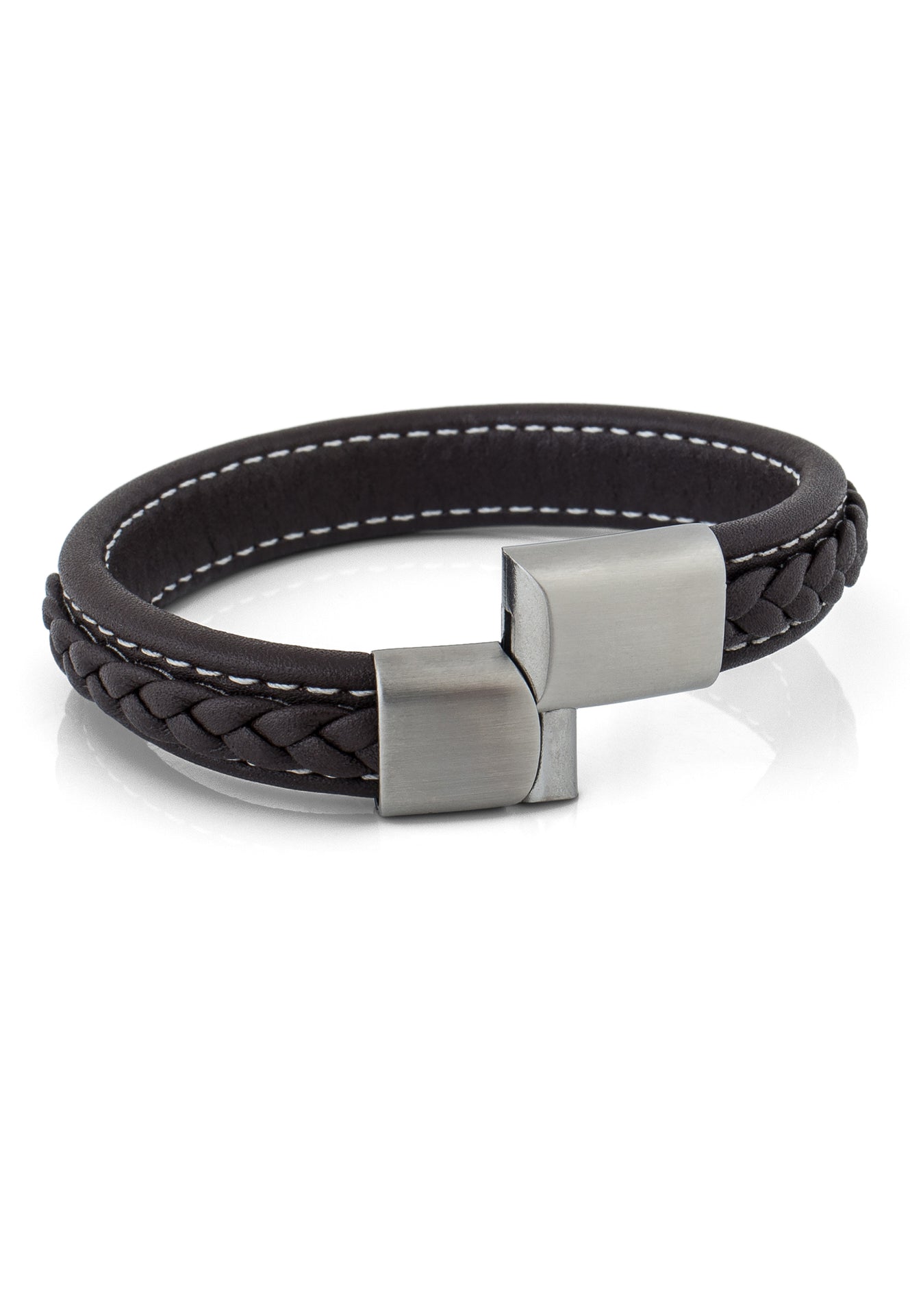 Fides-Leather-Bracelet-Mens-Matte-Silver-Brown-Open