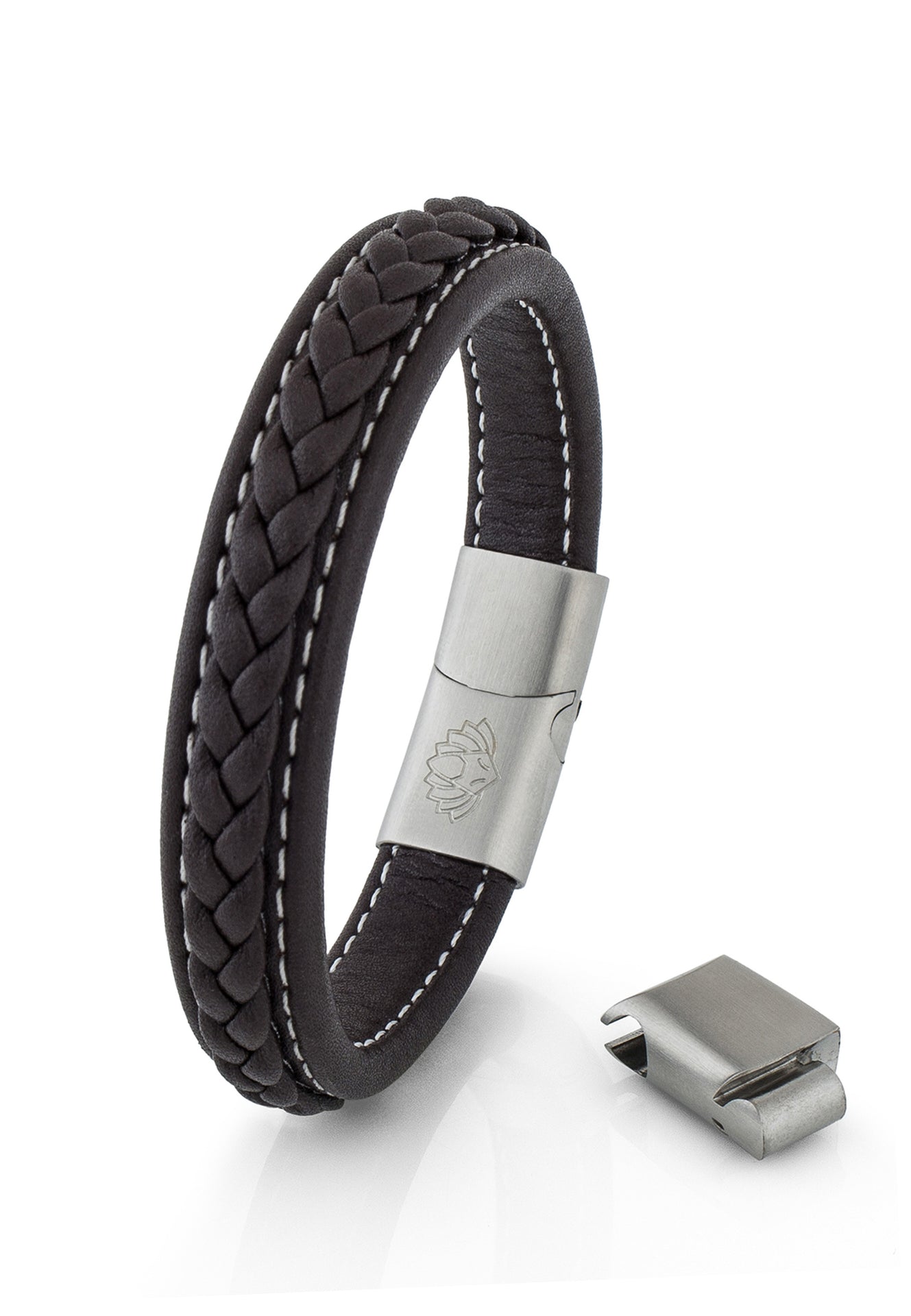 Fides-Leather-Bracelet-Mens-Matte-Silver-Brown-Up