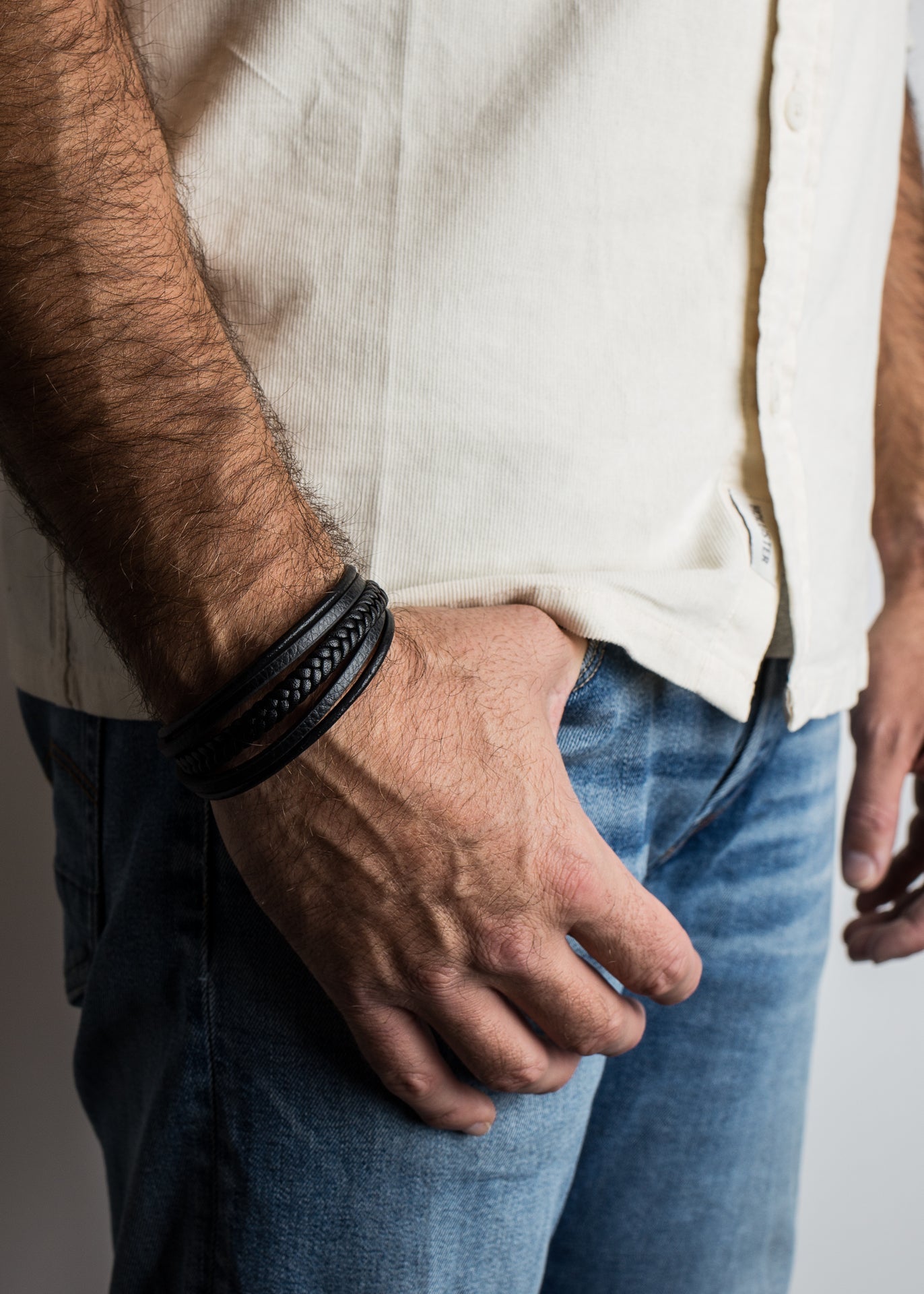 Pax-Leather-Bracelet-Silver-Black-Back-Model