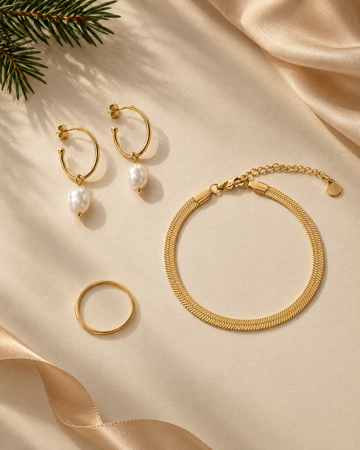 Akitsune Serenitya earrings, Essence bracelet and Purity ring on ivory with subtle Christmas accents